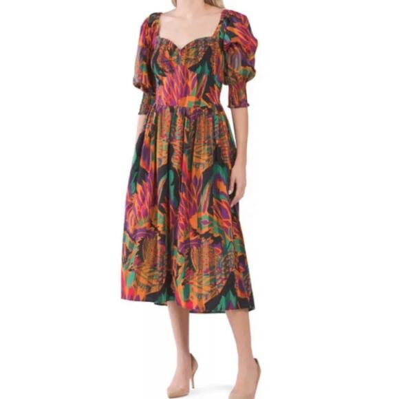 HOUSE OF HARLOW 1960 Meadow pink green print smocked puff sleeve midi dress - Picture 1 of 11